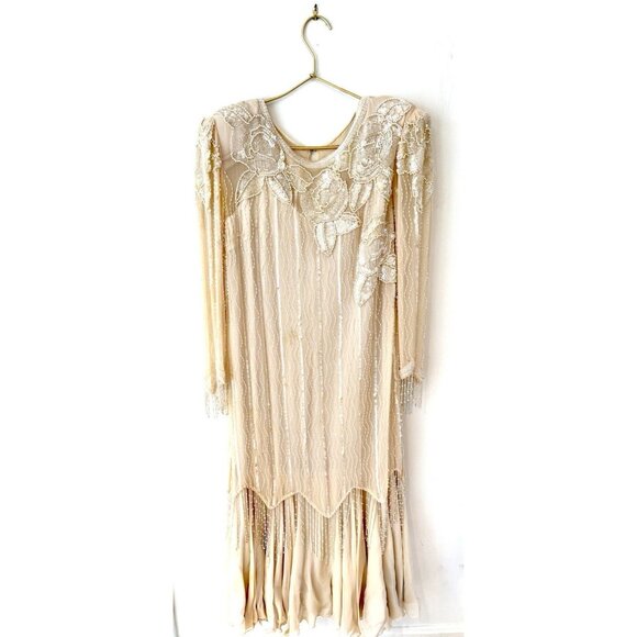 Vintage Oleg Cassini Silk Sequin Beaded Formal Dress Size 14 Blush Pink 1980s - Picture 1 of 11